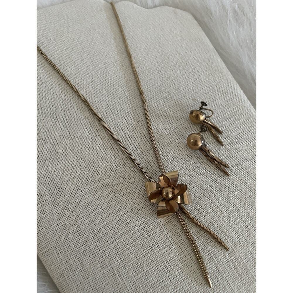 12K Gold Filled Bow Necklace In Snake Chain And Earring Set Vintage Mid Century